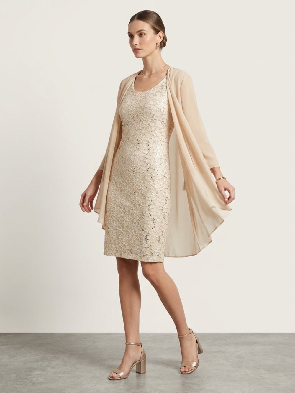 Champagne Sequin Lace Dress Duster Set Y2K Deadstock Vintage Formal XS